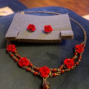 Avon Red Rose Necklace and Earring Set